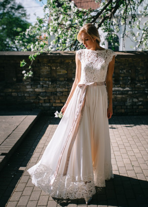 Cap Sleeves Ivory Lace Chiffon Blush Lining Airy Wedding Dress